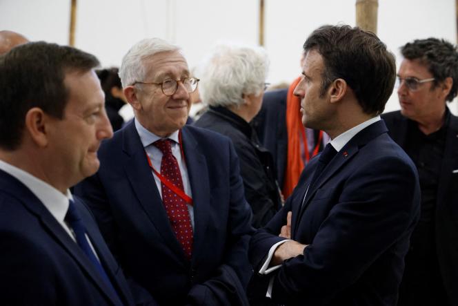 The French ambassador to China, Bertrand Lortholary, the director of the Center des monuments nationaux, Philippe Belaval, and Emmanuel Macron, in Beijing, April 5, 2023.