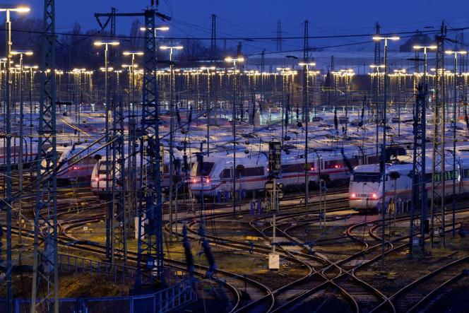 High-speed trains are parked at a depot of German railway company Deutsche Bahn, in Hamburg, Germany, March 27, 2023.