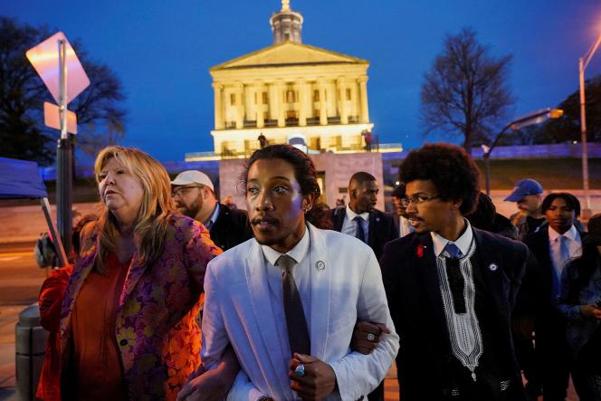 Tennessee lawmakers Justin Jones and Justin Pearson leave the Nashville Capitol after being expelled for taking part in a protest calling for gun control.  In Nashville, April 6, 2022.