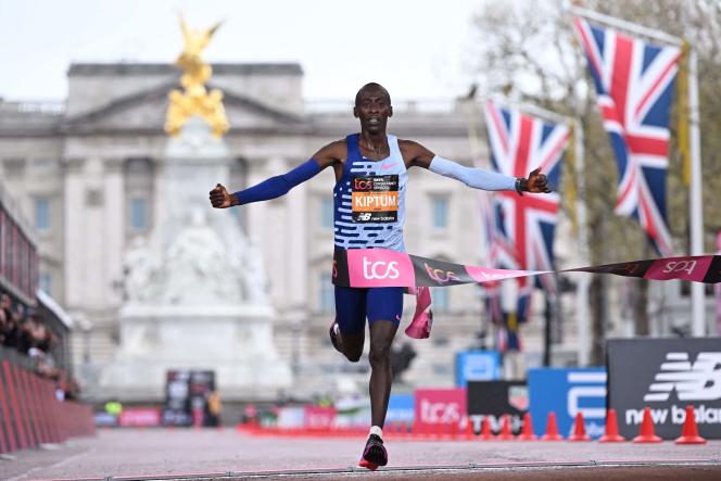 Kelvin Kiptum crosses the finish line, Sunday April 23, 2023, in London.
