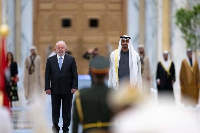 United Arab Emirates President Mohammed Bin Zayed Al Nahyan (right) welcoming Brazilian President Luiz Inacio Lula da Silva (left) during an official reception at Qasr Al-Watan, Abu Dhabi on 15 April 2023.