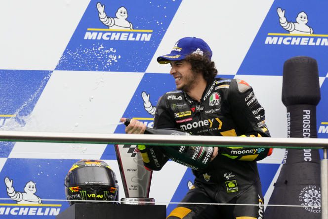 Rider Marco Bezzecchi (Ducati VR46) celebrates his victory at the MotoGP Argentine Grand Prix at Termas de Rio Hondo on April 2.