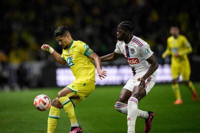 Nantes midfielder Ludovic Blas (in a duel against Lyonnais Castello Lukeba), author of the decisive goal in the semi-final of the Coupe de France, at the Beaujoire stadium in Nantes, April 5, 2023. 