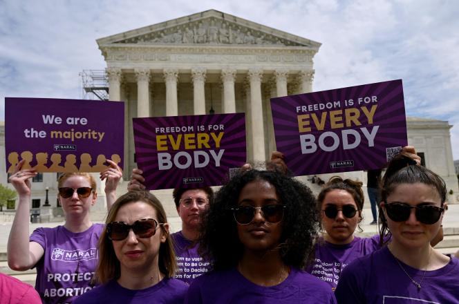Abortion rights advocates rally outside the United States Supreme Court on April 14, 2023, in Washington DC, to denounce restrictions on the abortion pill.