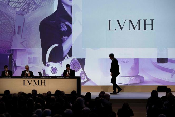 Bernard Arnault (right), is about to speak at a general meeting of the LVMH group, in Paris, April 20, 2023.