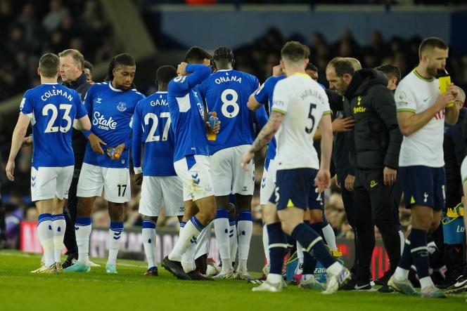 The Premier League match between Everton and Tottenham is halted to allow Muslim players to break their fast, at Goodison Park, Liverpool on April 3, 2023.