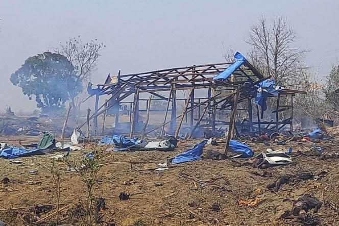 This photo provided by the Kyunhla activist group shows the aftermath of an airstrike in Pazi Gyi village, Kanbalu township of Sagaing region, Myanmar, on April 11, 2023.