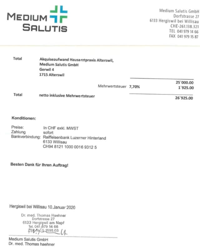 Invoice for acquisition of a practice