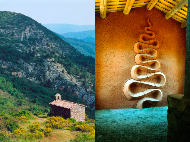 On the left, the Sainte-Madeleine chapel, in Thoard.  On the right, the clay wall made in a ruined house in Vieil Esclangon.  The two sites, located in the Alpes-de-Haute-Provence, have been converted into art refuges by Andy Goldsworthy.