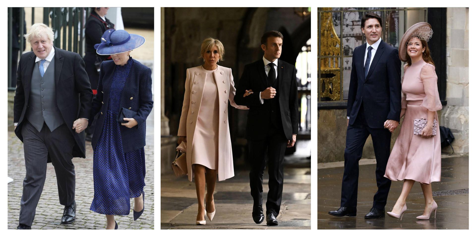 Boris and Carrie Johnson, Emmanuel and Brigitte Macron, and Justin and Sophie Trudeau arrive at Westminster Abbey in London on Saturday May 6, 2023. 