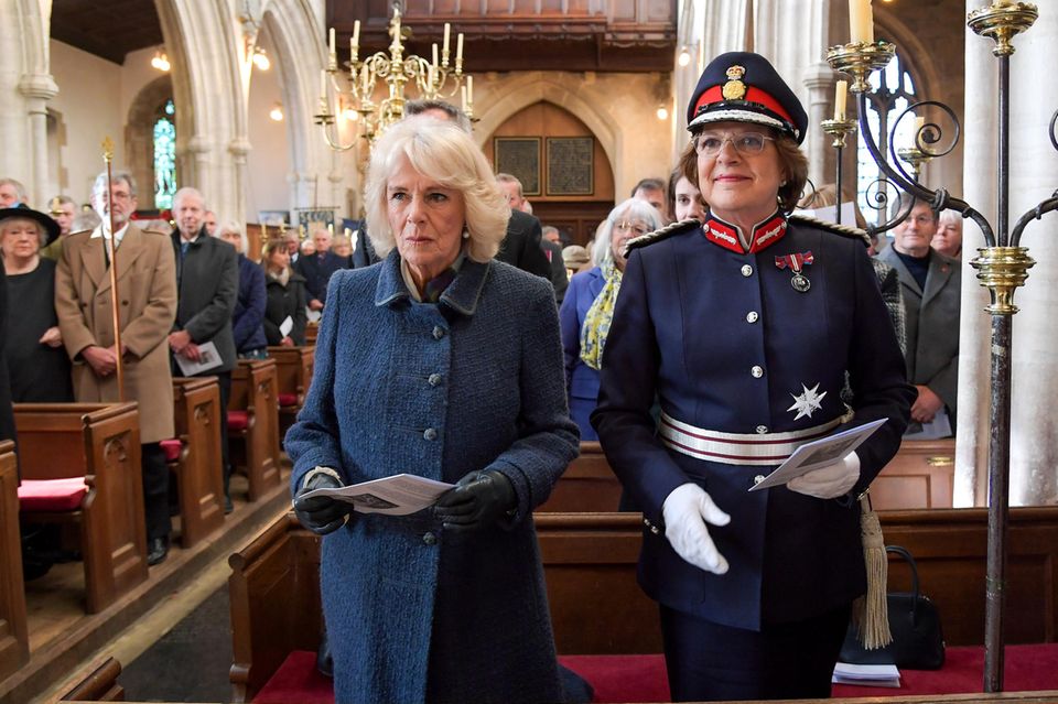 Queen Camilla and Sarah Troughton at a church service in Melksham, UK in December 2021. 