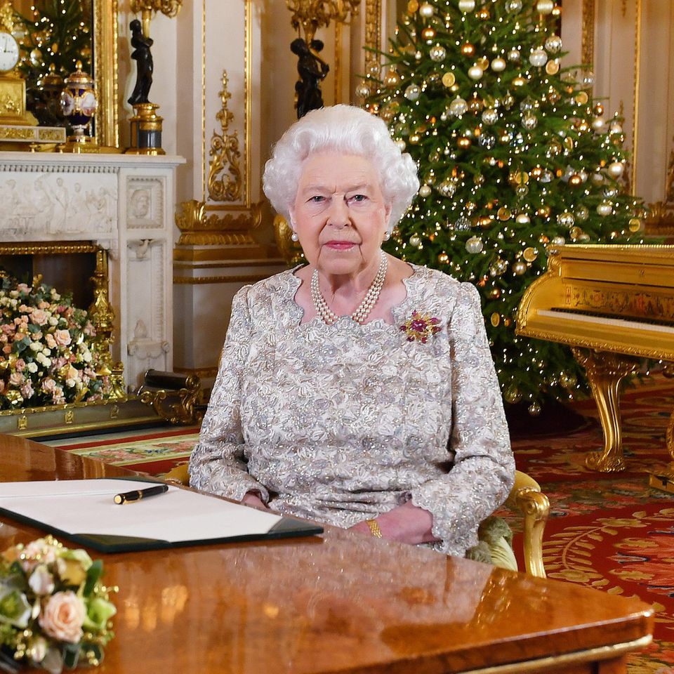 Queen Elizabeth II delivering her 2018 Christmas Address in Buckingham Palace's White Drawing Room. 