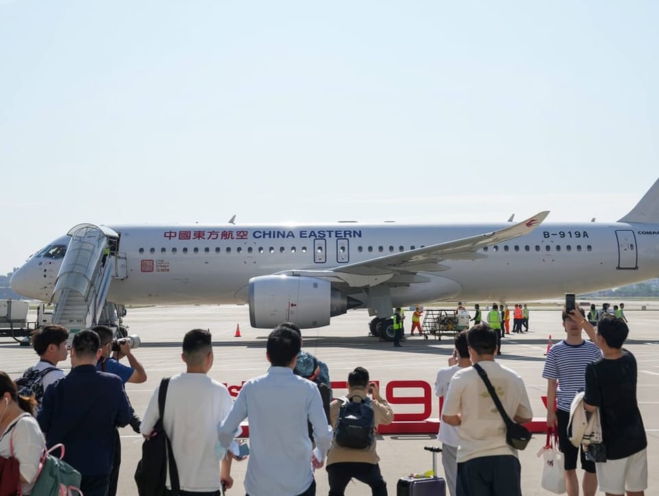The C919 just before its first commercial flight to Beijing.