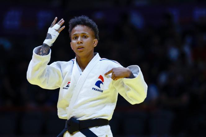 Amandine Buchard, after her victory in the fight for the bronze medal, in the category of - 52 kilos, in Doha, Monday May 8, 2023. 