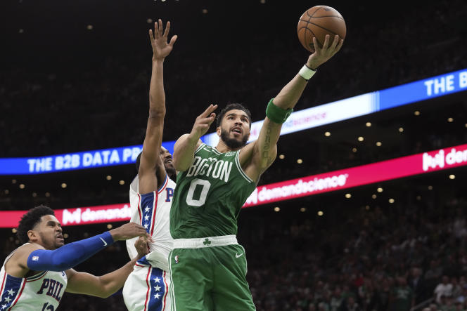 Celtics player Jayson Tatum takes off against the Sixers on May 14, 2023, in Boston.