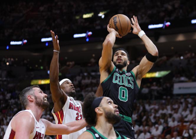 Boston Celtics player Jayson Tatum extends against the Heat in Miami on May 23, 2023.