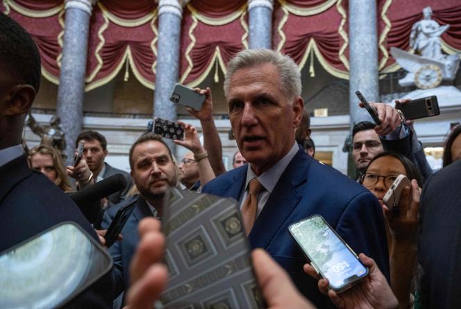 Kevin McCarthy, Speaker of the House of Representatives, speaks to reporters after debt relief talks on Capitol Hill in Washington on May 23, 2023. 