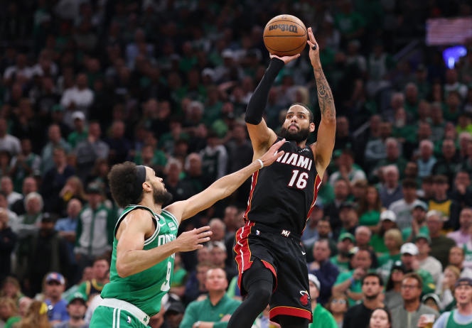 Miami Heat player Caleb Martin takes off to score one of his 26 points against the Celtics in Boston on May 29, 2023.