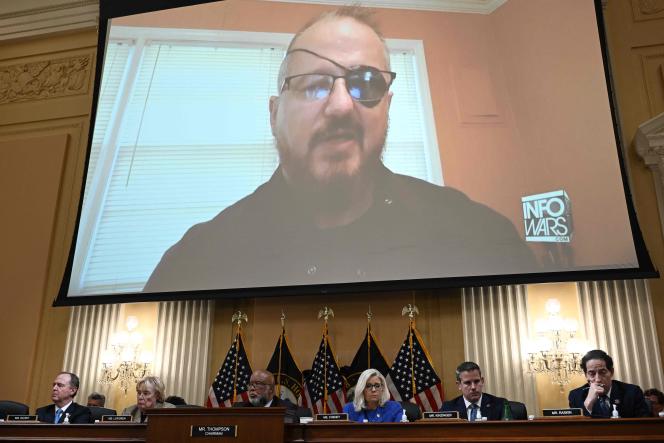Stewart Rhodes (on screen), founder of the Oath Keepers, during a House Select Committee hearing investigating the January 6 attack on the Capitol, in Washington, June 9, 2022.