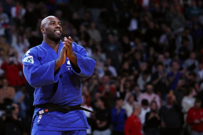 Teddy Riner celebrates his victory against the Japanese Hyoga Ota in the final of the + 100 kg category at the Paris Tournament, February 5, 2023.
