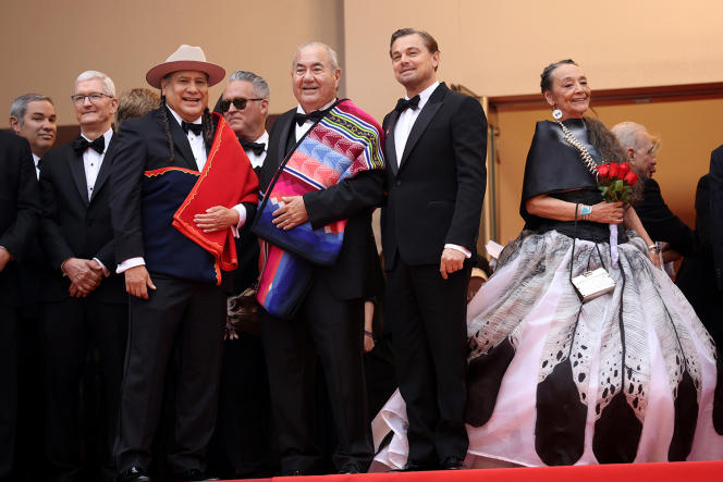Yancey Red Corn, Geoffrey Standing Bear, Leonardo DiCaprio and Tantoo Cardinal, at the presentation of the film 