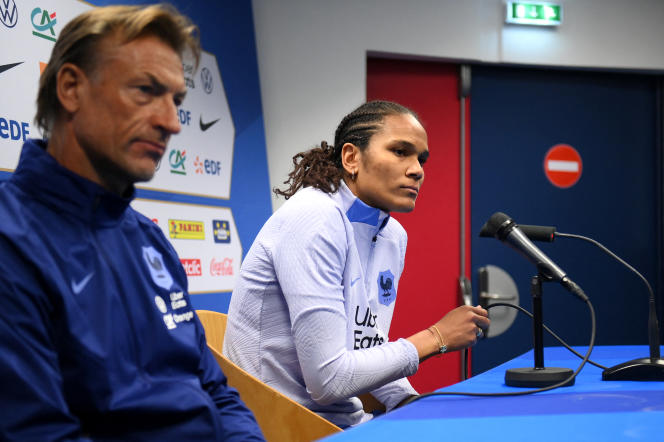 Les Bleues coach Hervé Renard and team captain Wendie Renard during a press conference in Clermont-Ferrand on April 6, 2023.