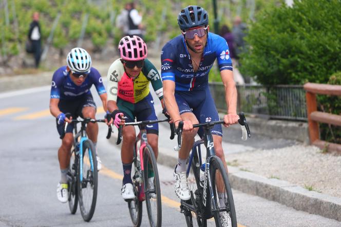 Thibaut Pinot, Alexander Cepeda and Einer Rubio (from right to left), in the final ascent of the thirteenth stage of the Giro, Friday May 19, 2023.