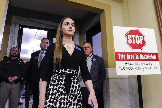 Zooey Zephyr leaving the Montana House of Representatives from which she was excluded, April 26, 2023.