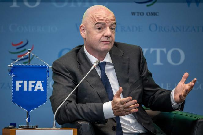 FIFA President Gianni Infantino during a discussion on football as a tool for trade and development at the WTO headquarters in Geneva on May 1, 2023.