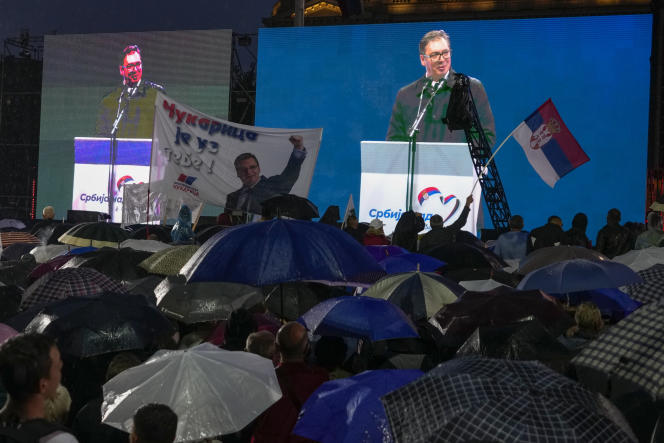 Serbian President Aleksandar Vucic on stage during a large rally in support of power in Belgrade on May 26, 2023. 
