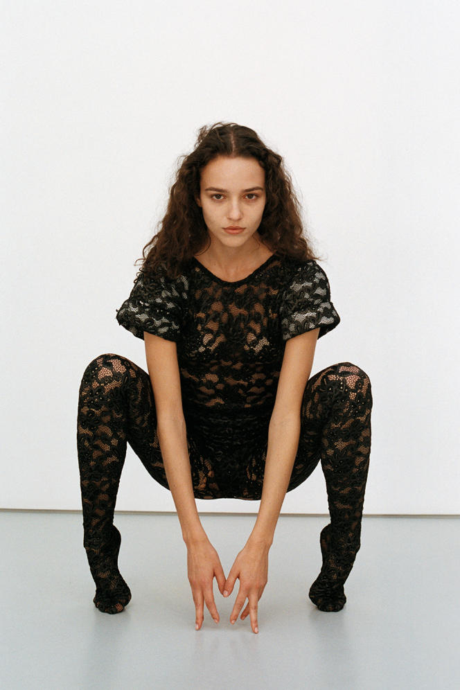 Bodysuit and tights in iridescent embroidered lace, Louis Vuitton, €1,500 and €600.  louisvuitton.com