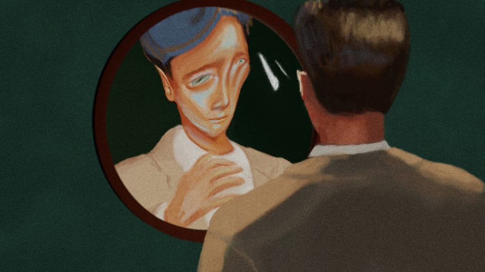Illustration of a man who sees himself distorted in the mirror.