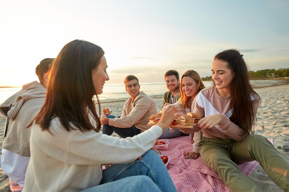 Friends have a picnic on the beach