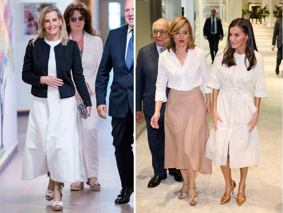 Duchess Sophie and Queen Letizia both wear white dresses made of breathable materials. 