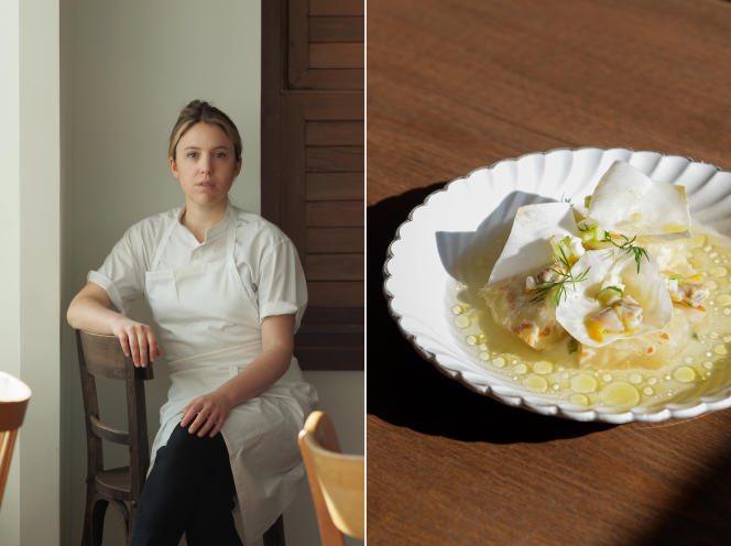 Left: Chef Manon Fleury in residence at the Chalet des Îles Daumesnil.  Right: his shellfish and celeriac dish.