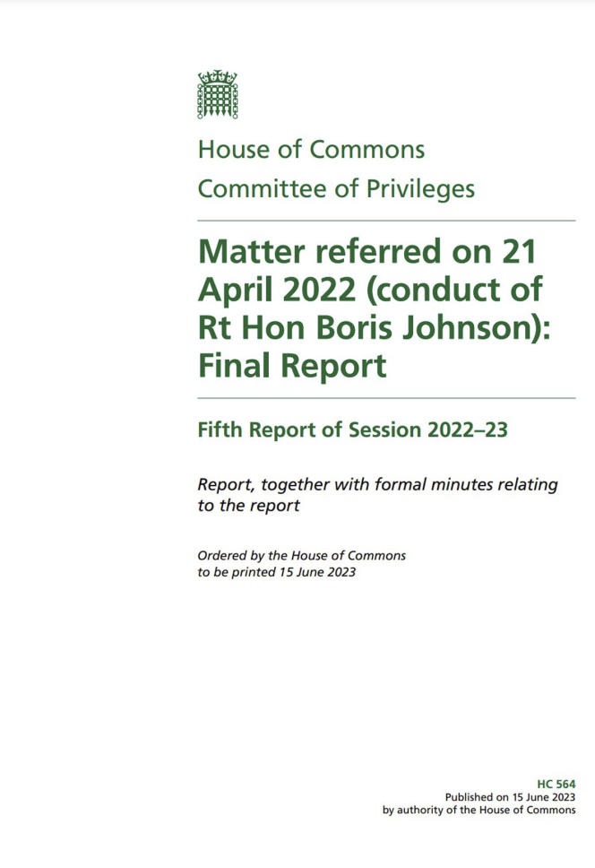 Cover of the report of the parliamentary committee on the privileges of the house of commons, June 15, 2023.