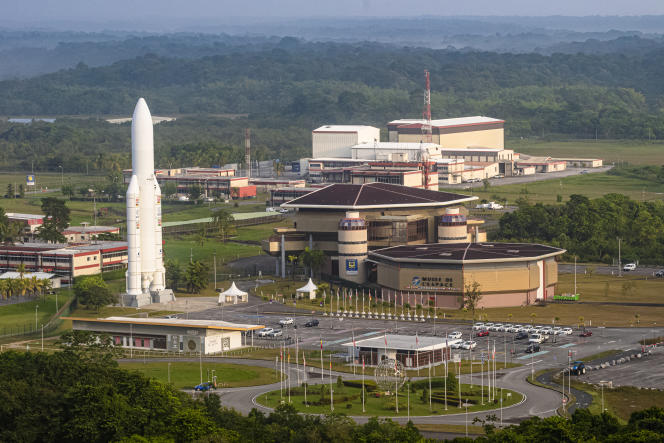 Model of the Ariane 5 launcher and the Jupiter Center at the Guiana Space Center, in Kourou, French Guiana, on October 22, 2021.