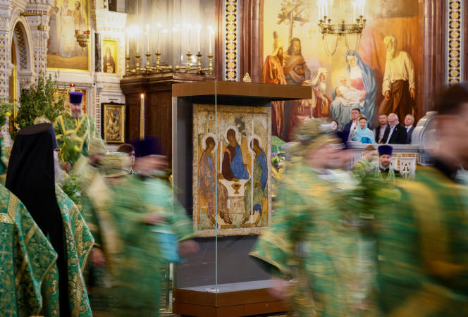 In the Cathedral of Christ the Savior, in Moscow, the icon of the Trinity, a work by Andrei Rublev dating from the 15th century, on June 4, 2023. 