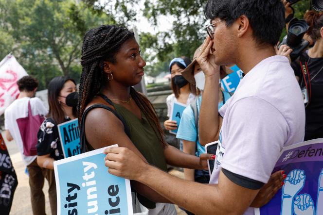 Harvard University students at an affirmative action protest near the Supreme Court building in Washington on June 29, 2023.