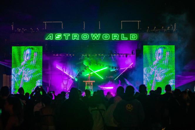 Travis Scott on stage at NRG Stadium for the Astroworld Festival in Houston, Texas on November 5, 2021.