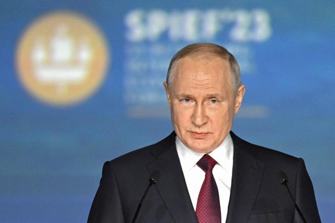 Russian President Vladimir Putin, during a plenary session of the International Economic Forum in Saint Petersburg (Russia), June 16, 2023.