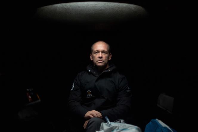 French skipper Kevin Escoffier, on October 24, 2020, aboard his Imoca 60 PRB monohull at the start site of the 2020 edition of the Vendée Globe.