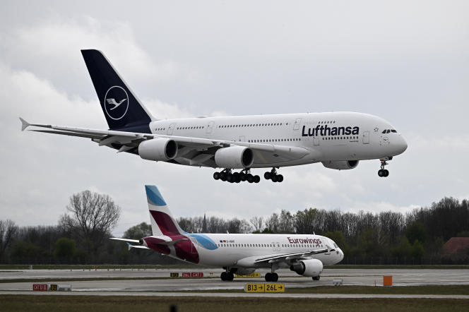 An Airbus A380-800 from German airline Lufthansa lands at Munich International Airport on April 12, 2023.