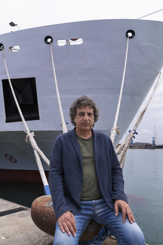 Radio Radicale journalist Sergio Scandura in front of an Italian coast guard ship in the port of Catania (Italy), May 31, 2023.