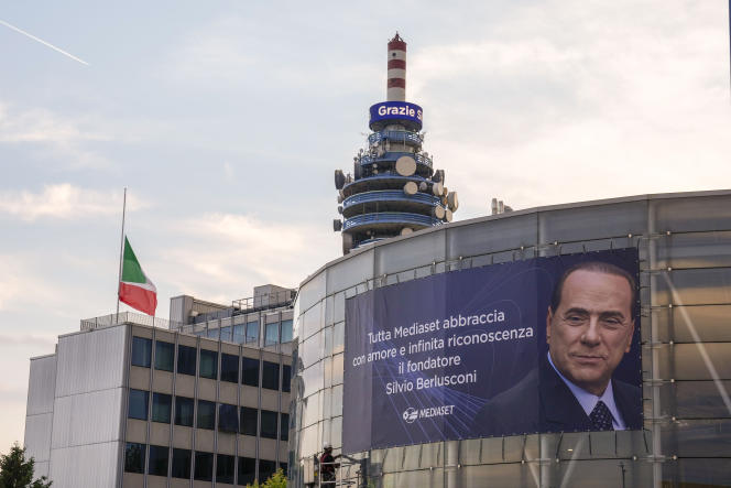 A message in tribute to Silvio Berlusconi, who died on June 12, 2023 at the age of 86, on a building of the media conglomerate Mediaset, in Cologno Monzese (Italy), near Milan.