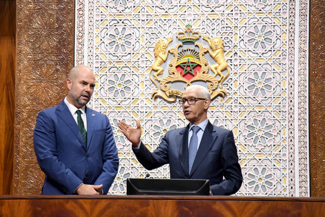 Knesset Speaker Amir Ohana (left) and Speaker of Morocco's House of Representatives Rachid Talbi Alami in Rabat on June 8, 2023.