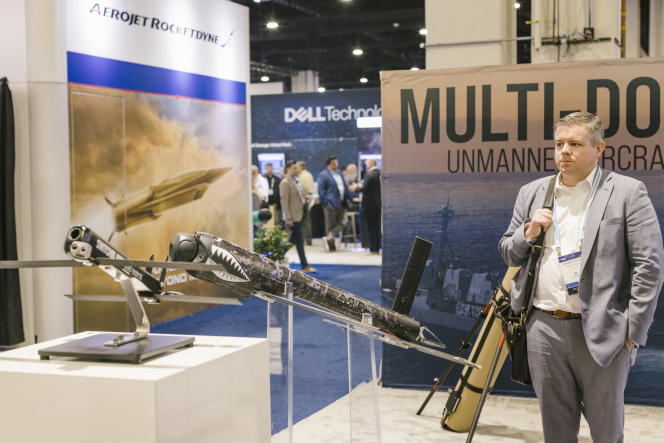 AeroVironment's Switchblade 300 Block 20 and Switchblade 600 suicide drones on display at a military convention in National Harbor, Maryland, April 3, 2023. 
