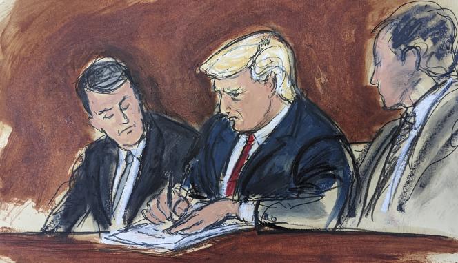 Donald Trump with his lawyers, by a court draftsman, during the hearing on June 13, 2023, at the court in Miami. 