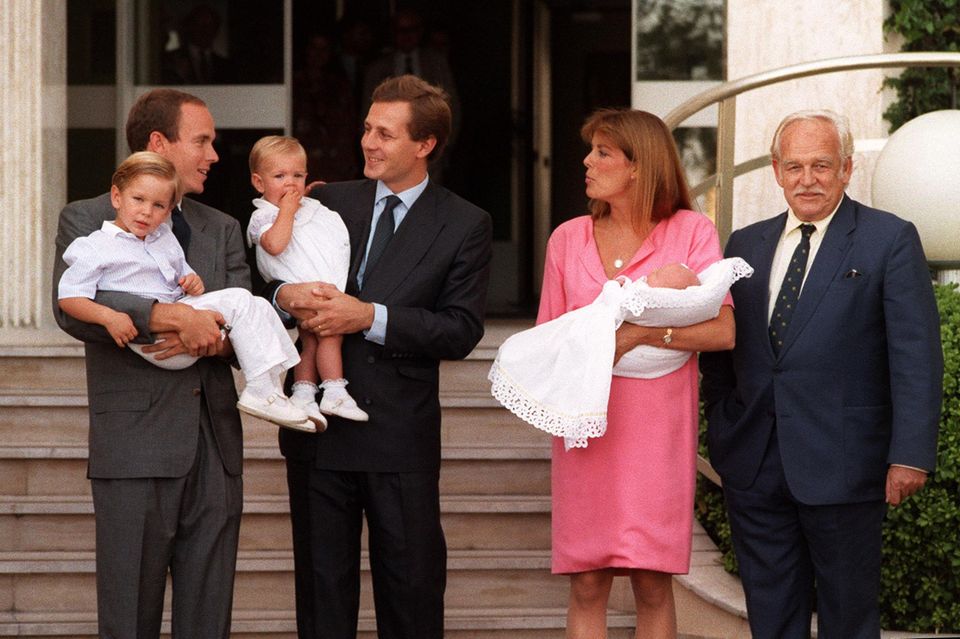 Prince Albert, Stefano Casiraghi, Caroline of Hanover (then of Monaco) and Prince Rainier III.  and three grandchildren Pierre, Andrea and Charlotte Casiraghi in 1987.
