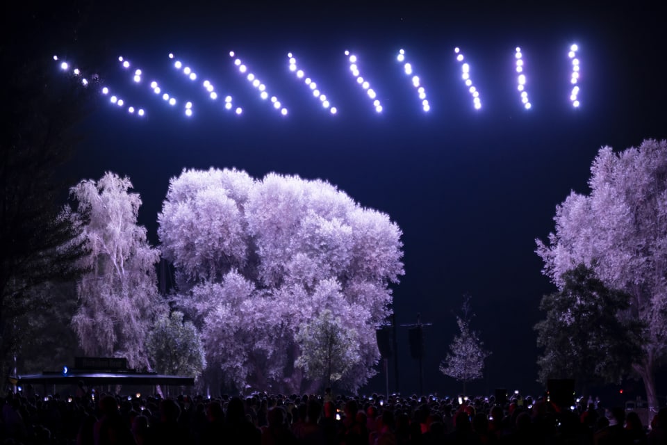Drones illuminate trees in the night sky.